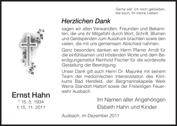 Traueranzeige von Hahn, Ernst, von HERSFELDER ZEITUNG
