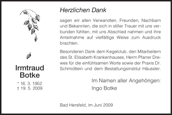 Traueranzeige von Irmtraud Botke von HERSFELDER ZEITUNG
