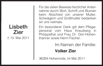 Traueranzeige von Lisbeth Zier von HERSFELDER ZEITUNG