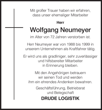 Traueranzeige von Wolfgang Neumeyer von HERSFELDER ZEITUNG