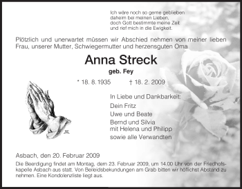 Traueranzeige von Anna Streck von HERSFELDER ZEITUNG