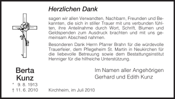 Traueranzeige von Berta Kunz von HERSFELDER ZEITUNG