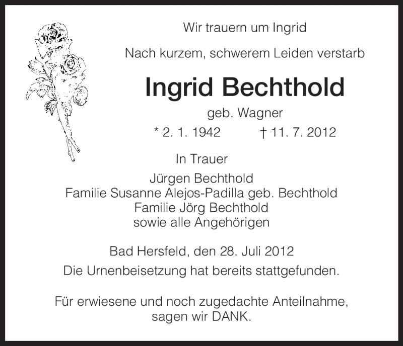  Traueranzeige für Ingrid Bechthold vom 28.07.2012 aus HERSFELDER ZEITUNG