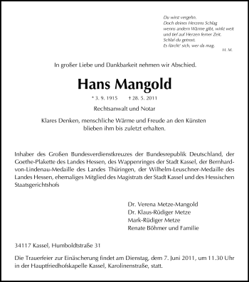 Traueranzeige von Hans Mangold von HERSFELDER ZEITUNG