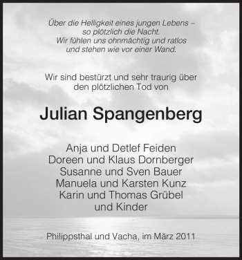 Traueranzeige von Julian Spangenberg von HERSFELDER ZEITUNG