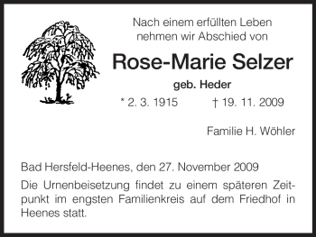 Traueranzeige von Rose-Marie Selzer von HERSFELDER ZEITUNG