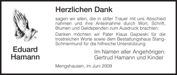 Traueranzeige von Eduard Hamann von HERSFELDER ZEITUNG