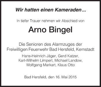 Traueranzeige von Arno Bingel von Hersfeld