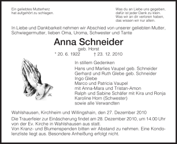 Traueranzeige von Anna Schneider von HERSFELDER ZEITUNG