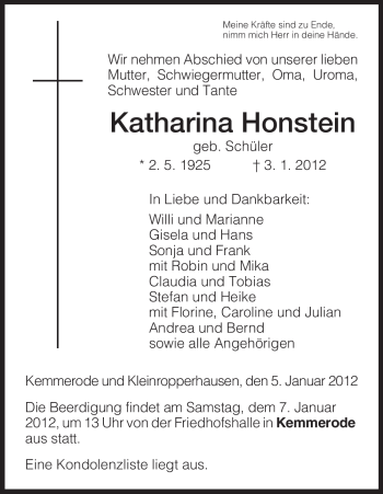 Traueranzeige von Katharina Honstein von HERSFELDER ZEITUNG