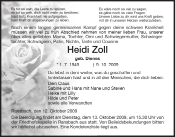 Traueranzeige von Heidi Zoll von HERSFELDER ZEITUNG