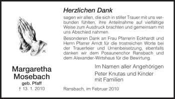 Traueranzeige von Margaretha Mosebach von HERSFELDER ZEITUNG
