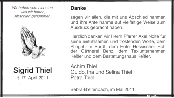 Traueranzeige von Sigrid Thiel von HERSFELDER ZEITUNG