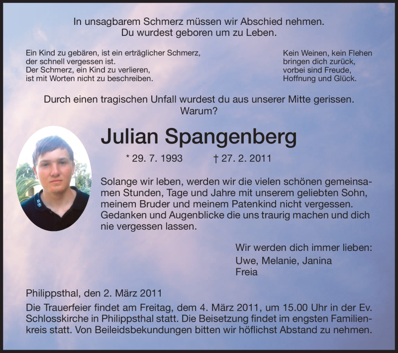  Traueranzeige für Julian Spangenberg vom 02.03.2011 aus HERSFELDER ZEITUNG