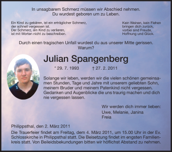 Traueranzeige von Julian Spangenberg von HERSFELDER ZEITUNG