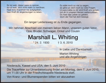 Traueranzeige von Marschall L. Whiting von HERSFELDER ZEITUNG
