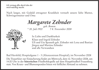 Traueranzeige von Margarete Zehnder von HERSFELDER ZEITUNG