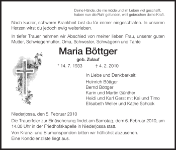 Traueranzeige von Maria Böttger von HERSFELDER ZEITUNG