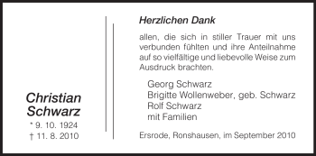 Traueranzeige von Christian Schwarz von HERSFELDER ZEITUNG