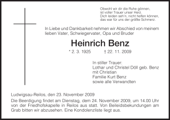 Traueranzeige von Heinrich Benz von HERSFELDER ZEITUNG