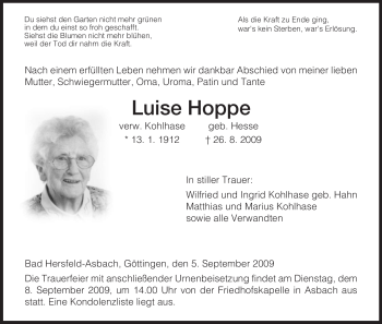 Traueranzeige von Luise Hoppe von HERSFELDER ZEITUNG