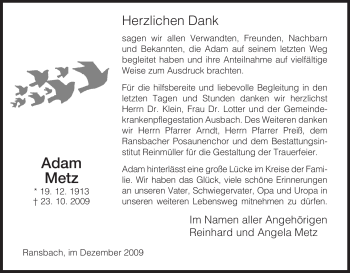 Traueranzeige von Adam Metz von HERSFELDER ZEITUNG
