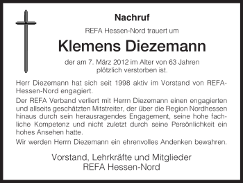 Traueranzeige von Klemens Diezemann von HERSFELDER ZEITUNG