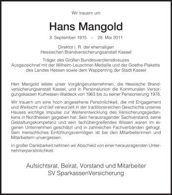 Traueranzeige von Hans Mangold von HERSFELDER ZEITUNG