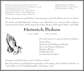 Traueranzeige von Heinrich Bobon von HERSFELDER ZEITUNG