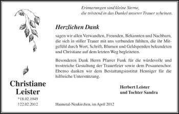 Traueranzeige von Christiane Leister von HERSFELDER ZEITUNG