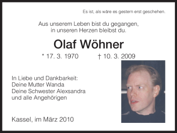 Traueranzeige von Olaf Wöhner von HERSFELDER ZEITUNG