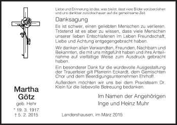 Traueranzeige von Martha Götz von Hersfeld