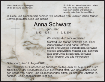 Traueranzeige von Anna Schwarz von HERSFELDER ZEITUNG