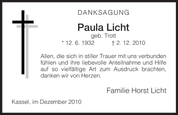 Traueranzeige von Paula Licht von HERSFELDER ZEITUNG