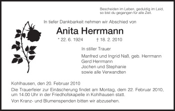 Traueranzeige von Anita Herrmann von HERSFELDER ZEITUNG