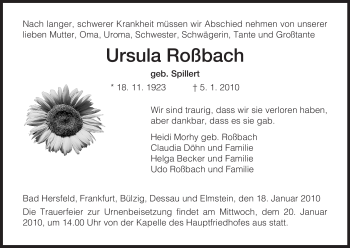 Traueranzeige von Ursula Roßbach von HERSFELDER ZEITUNG