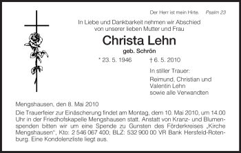 Traueranzeige von Christa Lehn von HERSFELDER ZEITUNG