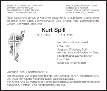 Traueranzeige von Kurt Spill von HERSFELDER ZEITUNG