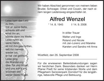 Traueranzeige von Alfred Wenzel von HERSFELDER ZEITUNG