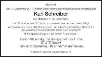 Traueranzeige von Karl Schreiber von HERSFELDER ZEITUNG