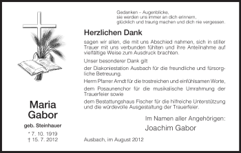 Traueranzeige von Maria Gabor von HERSFELDER ZEITUNG