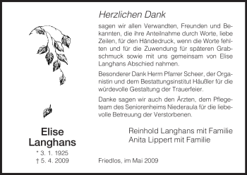 Traueranzeige von Elise Langhans von HERSFELDER ZEITUNG