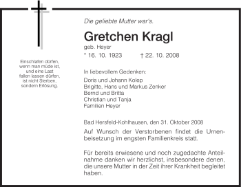 Traueranzeige von Gretchen Kragl von HERSFELDER ZEITUNG