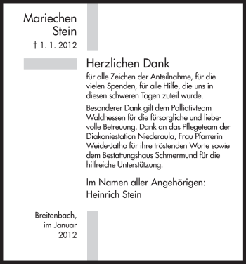 Traueranzeige von Mariechen Stein von HERSFELDER ZEITUNG