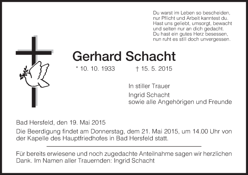  Traueranzeige für Gerhard Schacht vom 19.05.2015 aus Hersfeld