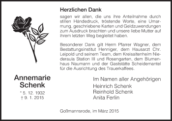 Traueranzeige von Annemarie Schenk von Hersfeld