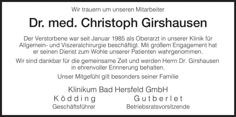  Traueranzeige für Christoph Girshausen vom 07.01.2010 aus HERSFELDER ZEITUNG