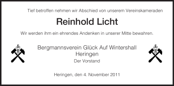 Traueranzeige von Reinhold Licht von HERSFELDER ZEITUNG