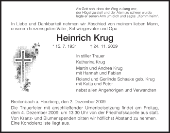 Traueranzeige von Heinrich Krug von HERSFELDER ZEITUNG