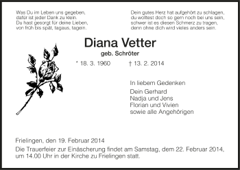 Traueranzeige von Diana Vetter von Hersfelder Zeitung